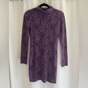 Pins & Needles purple lace floral overlay, long sleeve, open back dress.